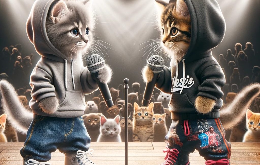 Two kittens on stage in a rap battle